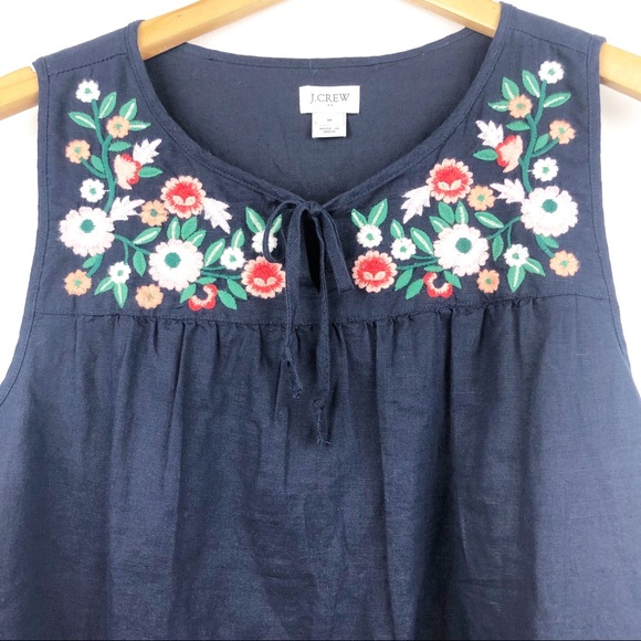 J. Crew Floral Embroidered Linen Navy Blue Tank Top - Picture 10 of 11